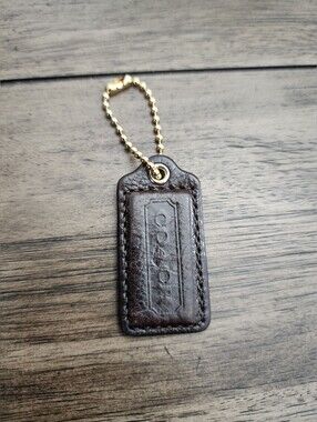 Coach Dark Brown Leather Hang Tag with Gold Ball Chain-2 In Long
